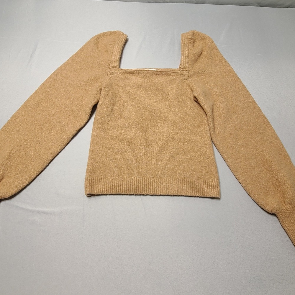 H&M Womens Sweater XS Tan Square Neck Wool Blend Wide Ribbed Cuff Light Academia